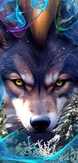 Fantasy wolf with vivid colors and nature elements in a digital art wallpaper.