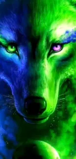 Vibrant fantasy wolf with green and blue hues on a mobile wallpaper.