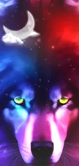 Vivid wolf face with colorful moon and galaxy theme wallpaper.