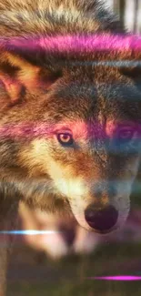 Majestic wolf with neon pink and blue light streaks.