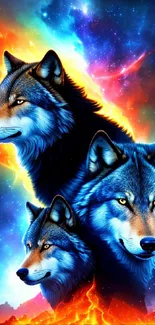 Three majestic wolves with cosmic galaxy backdrop in vibrant colors.