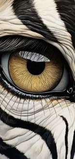 Close-up of zebra eye with detailed textures and rich colors.