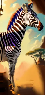 Vivid zebra standing in surreal landscape.