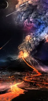 Dramatic volcanic eruption with fiery lava and cosmic backdrop.