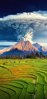 Volcanic eruption with lush green fields and vibrant sky.