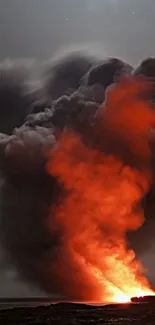 Volcanic explosion under a starry sky at night.