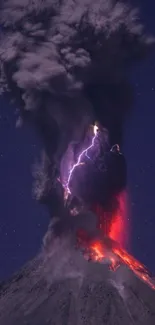 Dynamic volcano eruption with lightning at night.