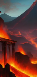 Fiery volcanic eruption with lava flowing down and ancient ruins nearby.