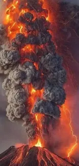 A dramatic volcanic eruption with lava and ash plumes.