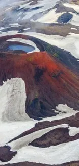 A stunning volcanic landscape with earthy tones and snowy peaks.