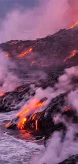 Dynamic volcanic lava flow with glowing reds and ocean waves.