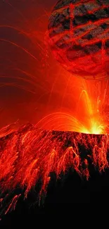 Fiery volcanic eruption with red planet background.