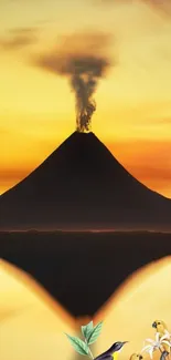 Volcano silhouette with sunset and lake reflection.