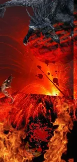 Dramatic volcano eruption with fiery lava and a mysterious planet.