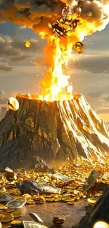 Volcano erupting with gold coins and riches under a vibrant sky.