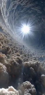 Surreal vortex of clouds spiraling to a bright sun in a cosmic sky.