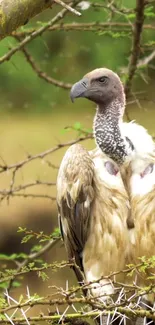 Vulture perched on a branch with lush green background.