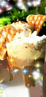 Coffee latte with waffles and cream in a vibrant, sparkling theme.