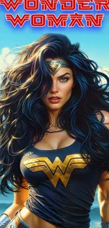 Vibrant Wonder Woman with scenic backdrop, colorful art.