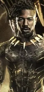 Wakandan warrior in gold metallic armor.