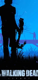 Walking Dead silhouette with blue background and crossbow.