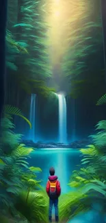 A person stands by a waterfall in a lush green forest under a sunlit sky.