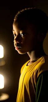 Side profile of boy in warm ambient light wallpaper.