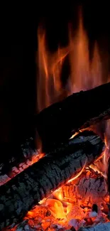 Cozy fireplace with glowing orange flames and logs, perfect for fall and winter.