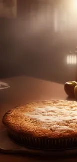 A warm apple pie on a table with cozy lighting.