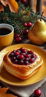 Autumn breakfast scene with coffee, pastry, and pears on a table.