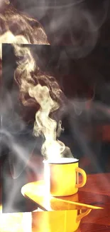 Steaming yellow coffee cup on wooden table.