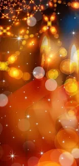 Warm orange bokeh effect with glowing candles and sparkling stars.