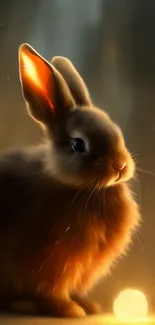 A cozy bunny illuminated by a warm glowing light in a mystical setting.