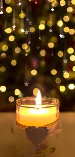 Candle with festive bokeh lights in the background, creating a warm ambiance.