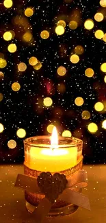 Glowing candle with a festive bokeh background in warm golden tones.