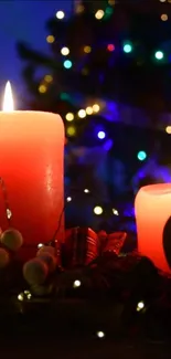 Glowing red candles with festive bokeh lights.