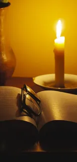 Warm candlelit scene with open book.