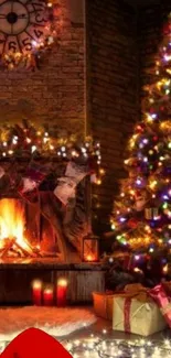 Cozy Christmas fireplace with decorated tree.