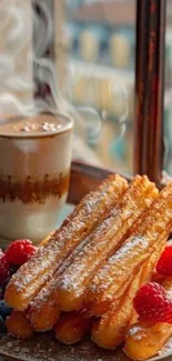 Hot churros with berries and coffee by a window.