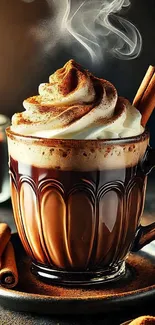 Cinnamon latte with whipped cream in a cozy setting.