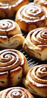 Close-up of freshly baked cinnamon rolls with icing.