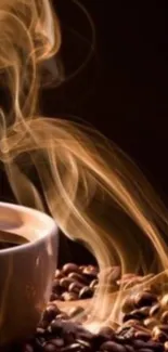 Steaming coffee cup with warm brown tones and coffee beans.