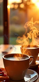 Steaming coffee cups with golden sunrise in background.