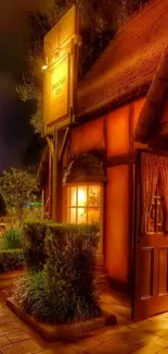 Mobile wallpaper of a warmly lit cottage at night with a charming garden path.