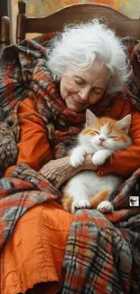 Elderly woman warmly embraces a cat in a cozy chair.