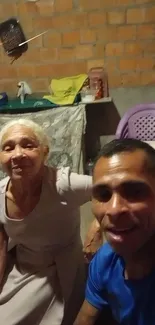 Elderly woman and man sharing a happy moment indoors.