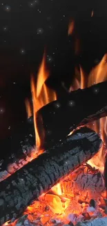 Close-up view of a warm fireplace with glowing embers and dancing flames.