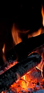 Glowing fireplace logs with flames creating a warm, cozy atmosphere.