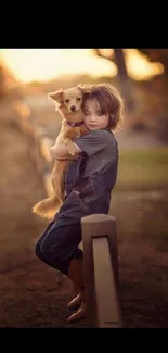 A child holding a dog at sunset with a warm, emotional backdrop.