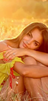 Young woman sitting in golden sunset meadow, radiating warmth.